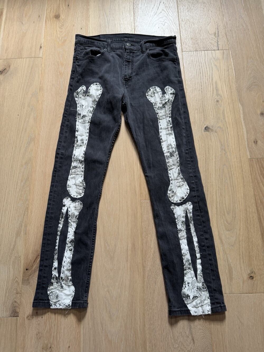 Custom Levis 508 Jeans Mens 32x30 Black Tapered Leg Skeleton Bones Casual Pocket